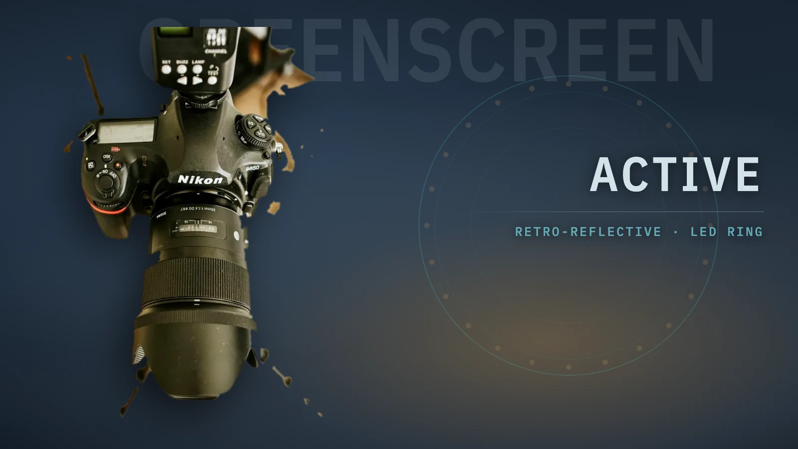 A Nikon DSLR and wide lens cut out against a dark blue field and lit from the right, with the word GREENSCREEN set large behind it and a ring of dots standing in for the LED ring that mounts around the lens.