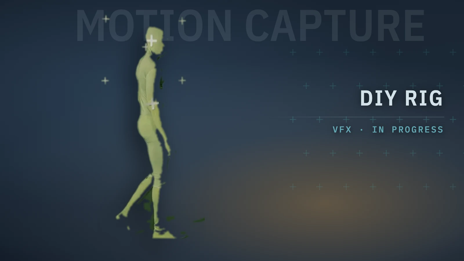 A figure in a green motion-capture suit mid-stride, cut out against a dark blue field, with the words MOTION CAPTURE set large behind it and a scatter of tracking crosses across the frame.