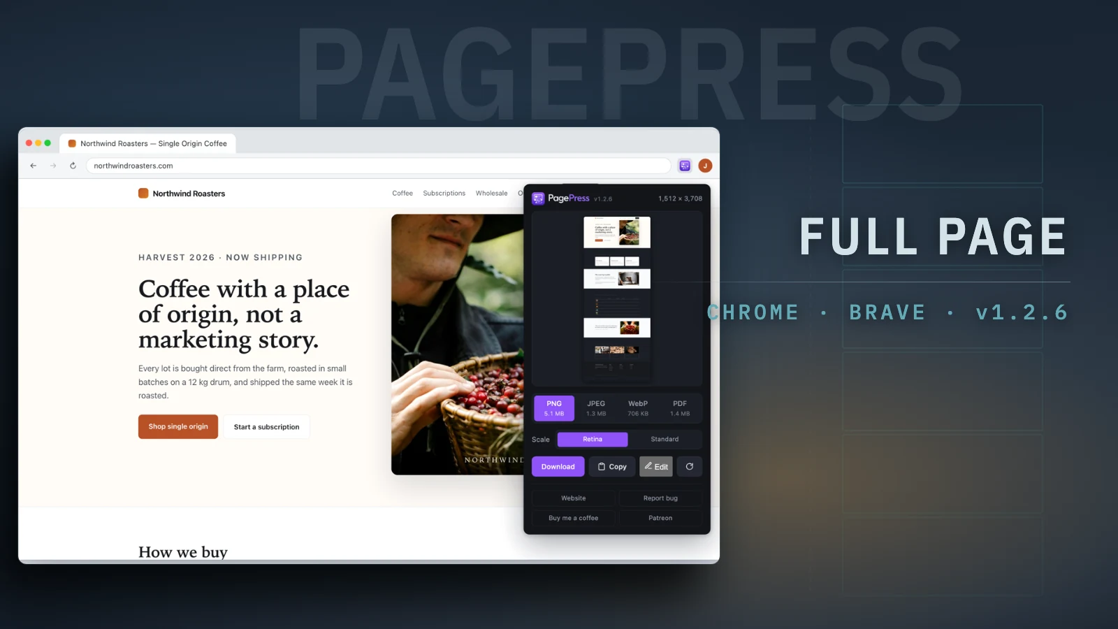 The PagePress extension at work: its popup panel sits over a browser window, showing a thumbnail of the whole stitched page, size readouts for PNG, JPEG, WebP and PDF, and Download, Copy and Edit buttons. The word PAGEPRESS is set large behind it.