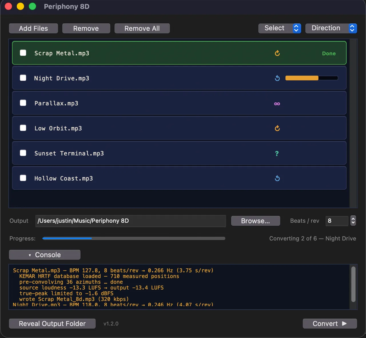 The Periphony 8D window with several tracks queued, each showing a direction glyph, and the console log open below.