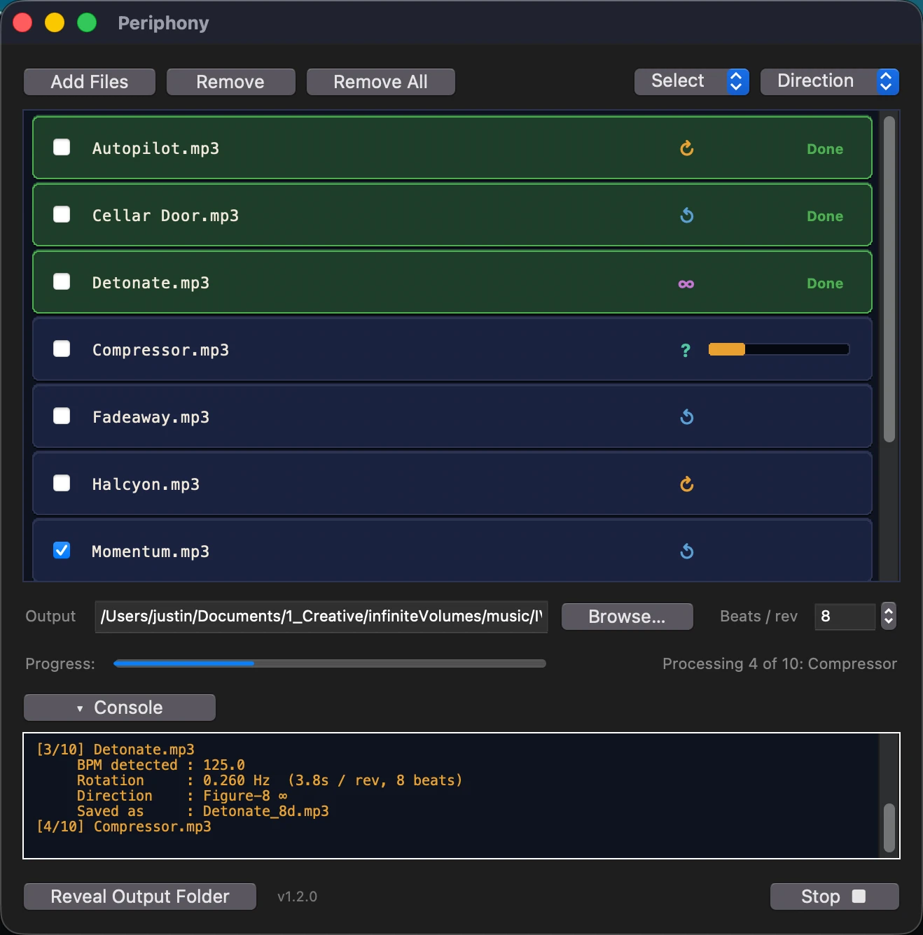 The Periphony window mid-batch: ten tracks queued, each tagged with a rotation glyph, the first three marked Done in green and the fourth showing a progress bar. Below, the readout Processing 4 of 10: Compressor, and an open console listing the detected BPM, rotation rate, direction and output filename for the track that just finished.