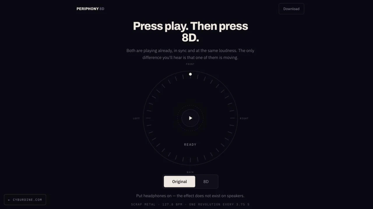 The Periphony 8D website: the headline Press play. Then press 8D. above a circular rotation dial with a play button at its centre.