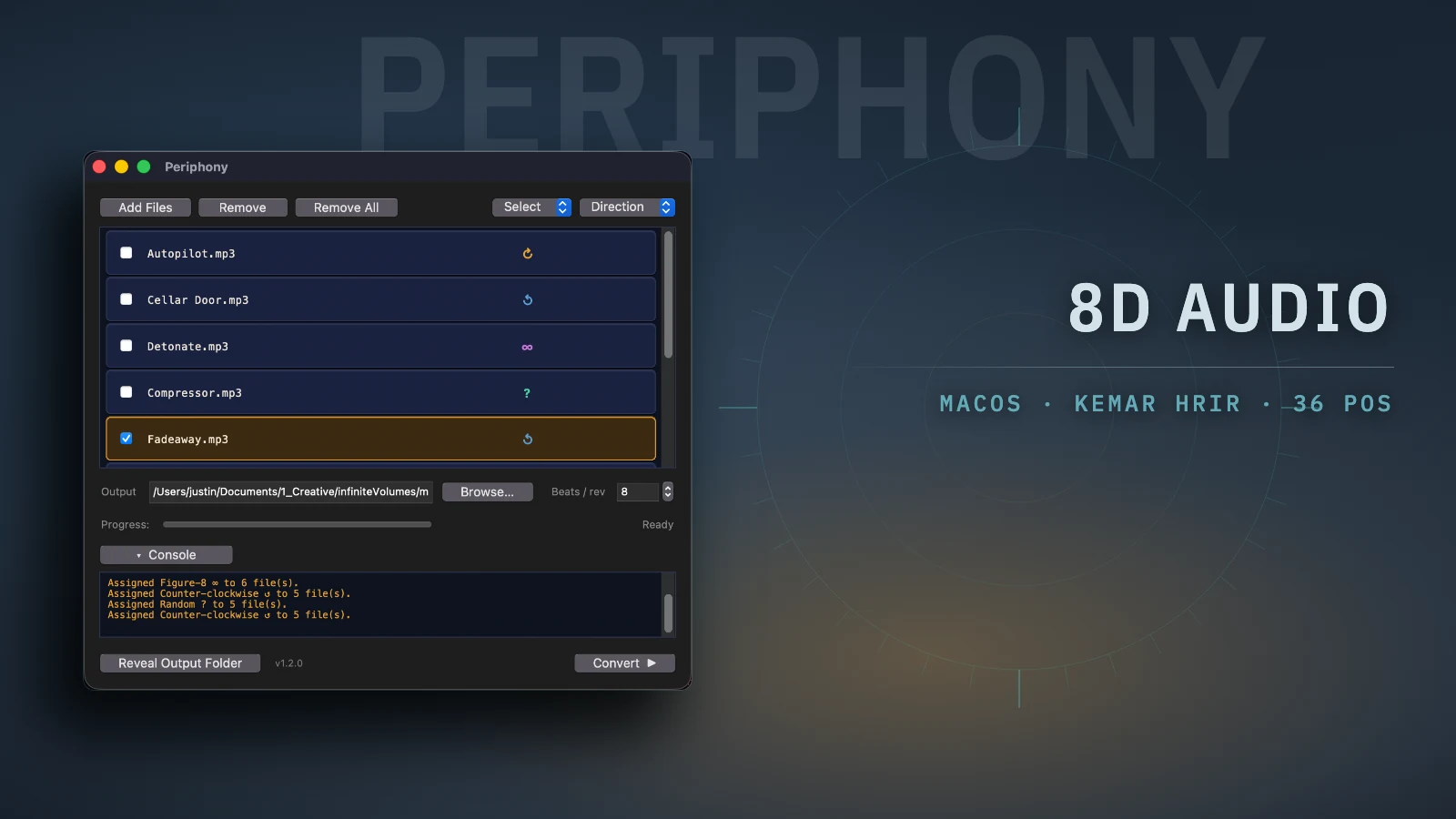 The Periphony application window on macOS, on a dark blue field: a queue of five tracks each tagged with a rotation glyph, an output folder, a beats-per-revolution setting and a Convert button, with the console open below. The word PERIPHONY is set large behind it, beside a circle ticked at the 36 positions it spatialises to.