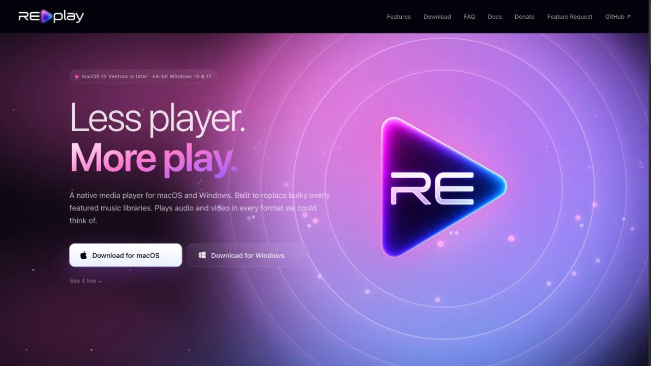 The RE:play website: the headline Less player. More play. beside a large gradient play triangle, with download buttons for macOS and Windows.