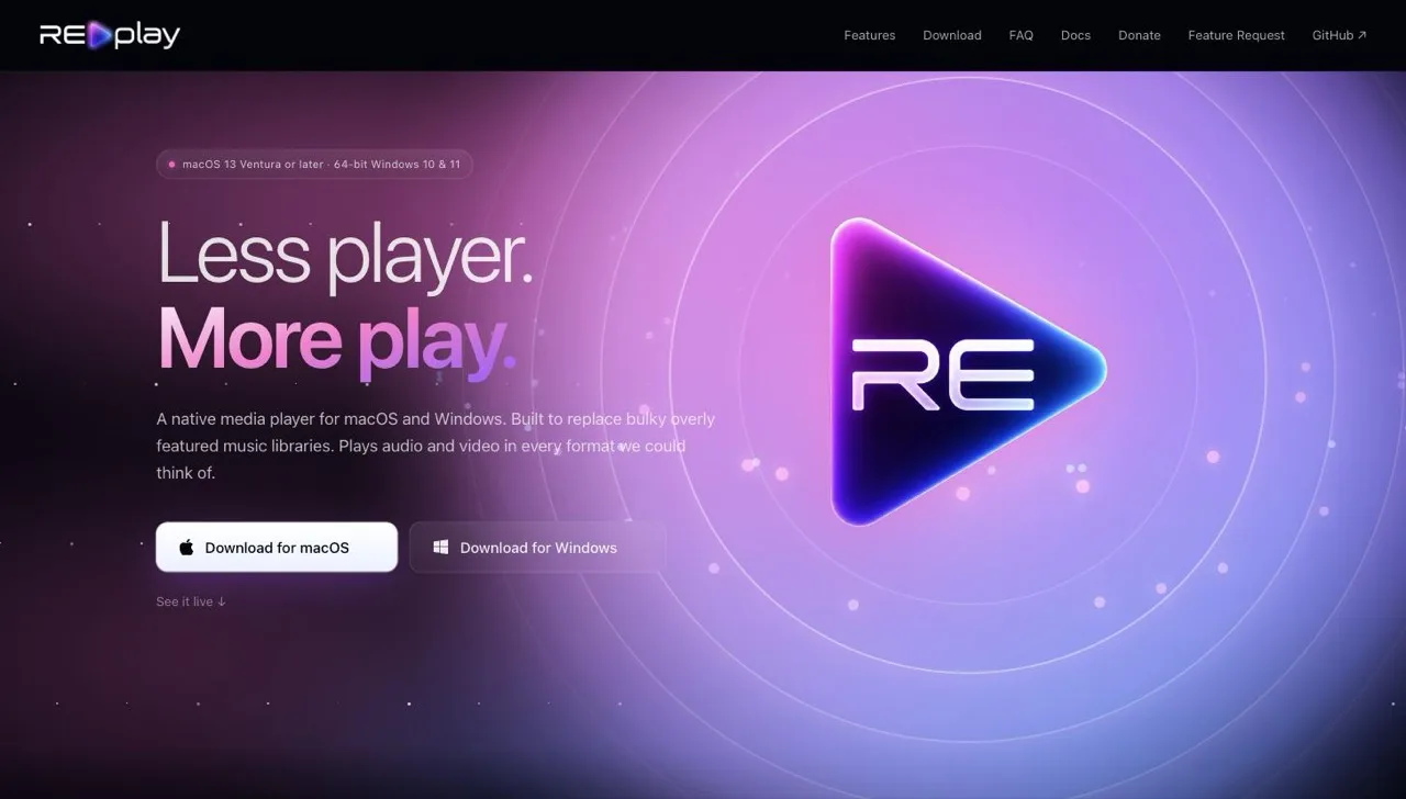 The RE:play marketing site: a large gradient play triangle beside the headline Less player. More play.