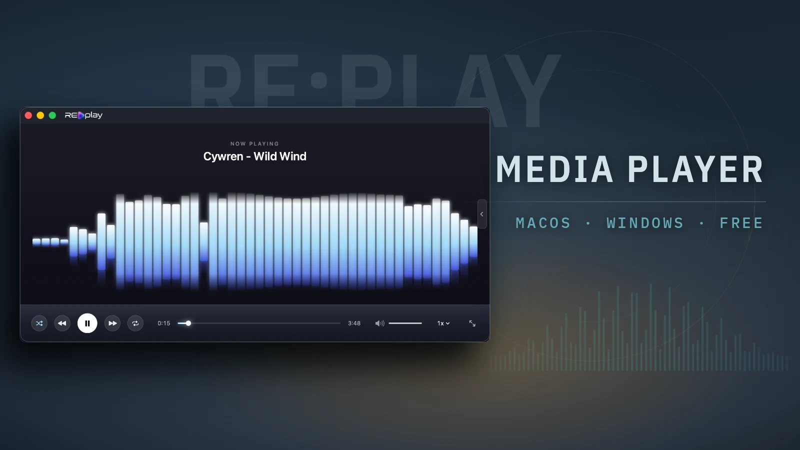 The RE:play application window playing a track, on a dark blue field: the heading NOW PLAYING over the title Cywren - Wild Wind, a blue spectrum display, and transport controls with the scrubber at 0:15 of 3:48. The word RE:PLAY is set large behind it.