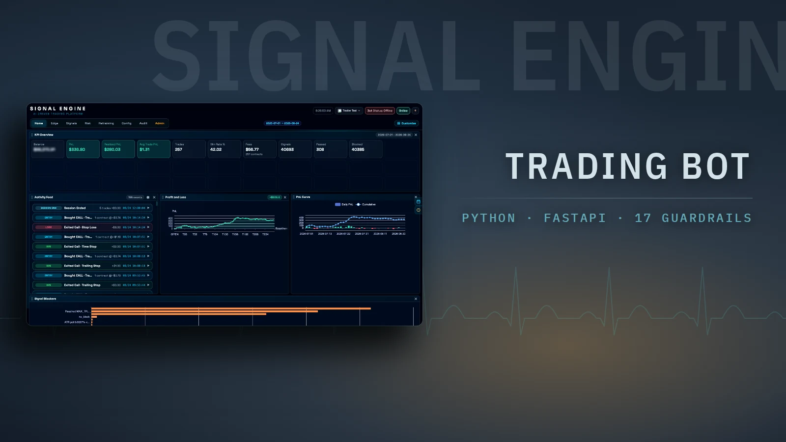The Signal Engine control plane on a dark blue field: a dashboard window showing a row of KPI tiles, a timestamped activity feed and two profit-and-loss charts, with the words SIGNAL ENGINE set large behind it and a flat-line heartbeat trace running under the lockup.