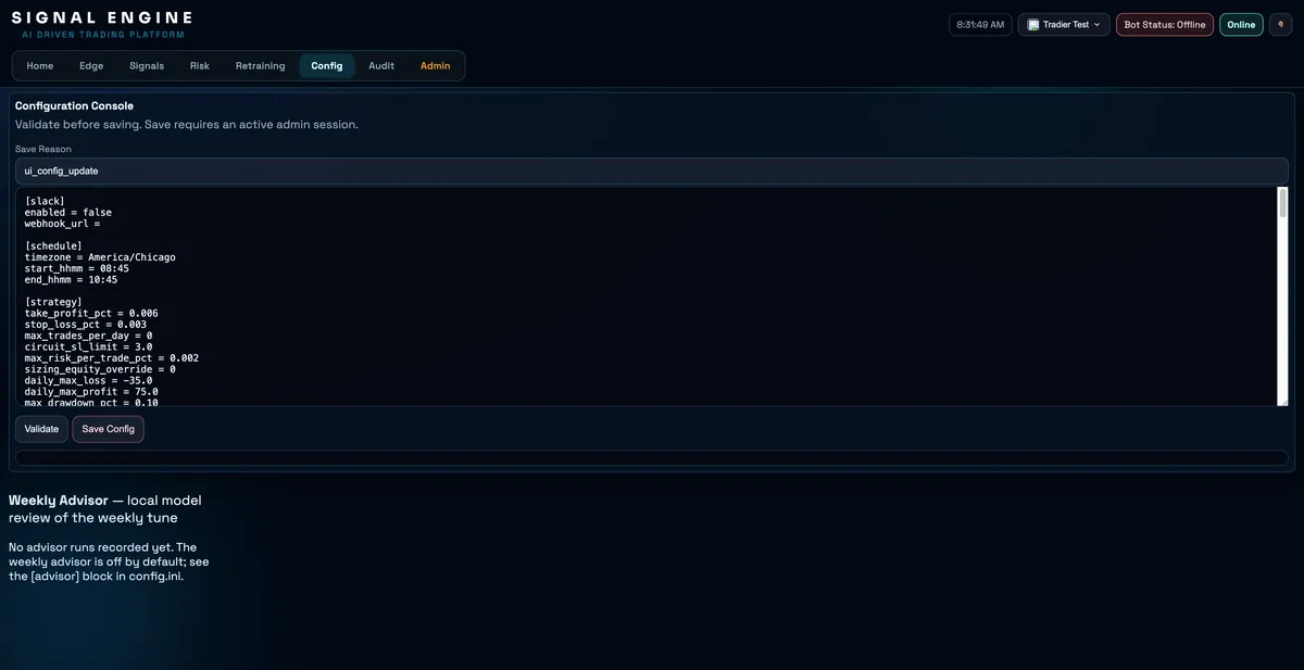 The Config view: the strategy configuration file open in a browser editor with secret values masked, a validate button, and a mandatory save-reason field beneath it.