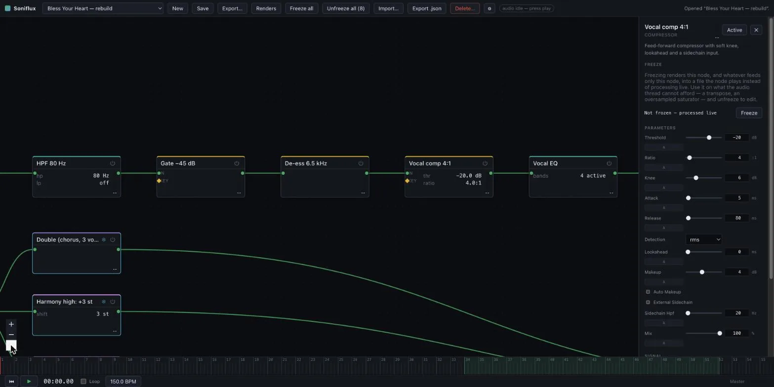 The vocal compressor's panel: threshold, ratio, knee, attack, release, RMS detection, lookahead, makeup, auto makeup, an external sidechain switch and a sidechain high-pass, with a Freeze section above the parameters.