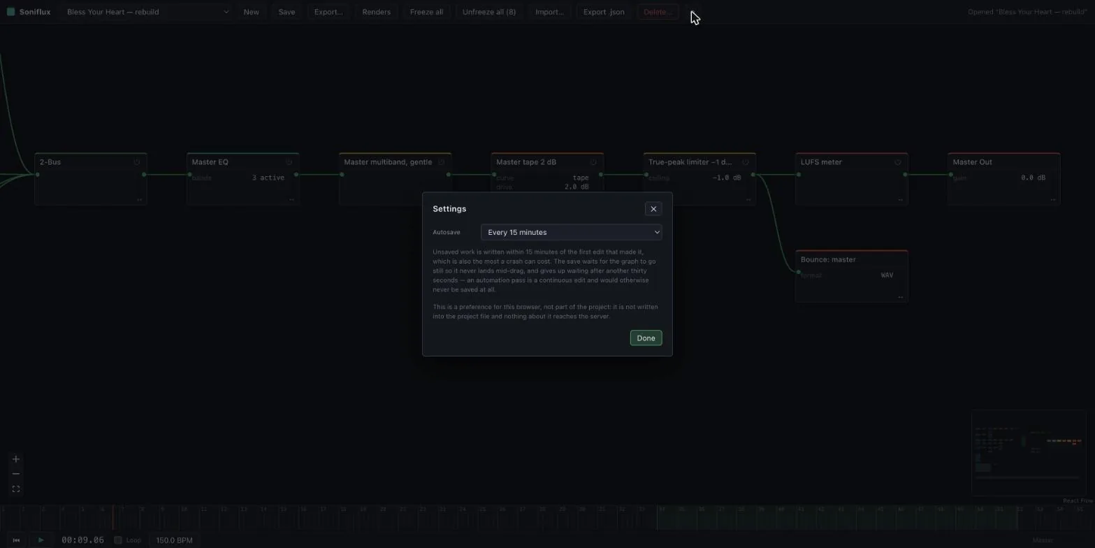 The Settings dialog with a single control, Autosave, set to every fifteen minutes, and a paragraph explaining that the save waits for the graph to go still and that the preference lives in this browser rather than in the project.